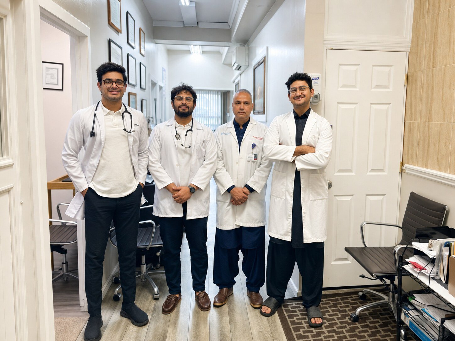 Physicians and medical externs in the clinic hallway